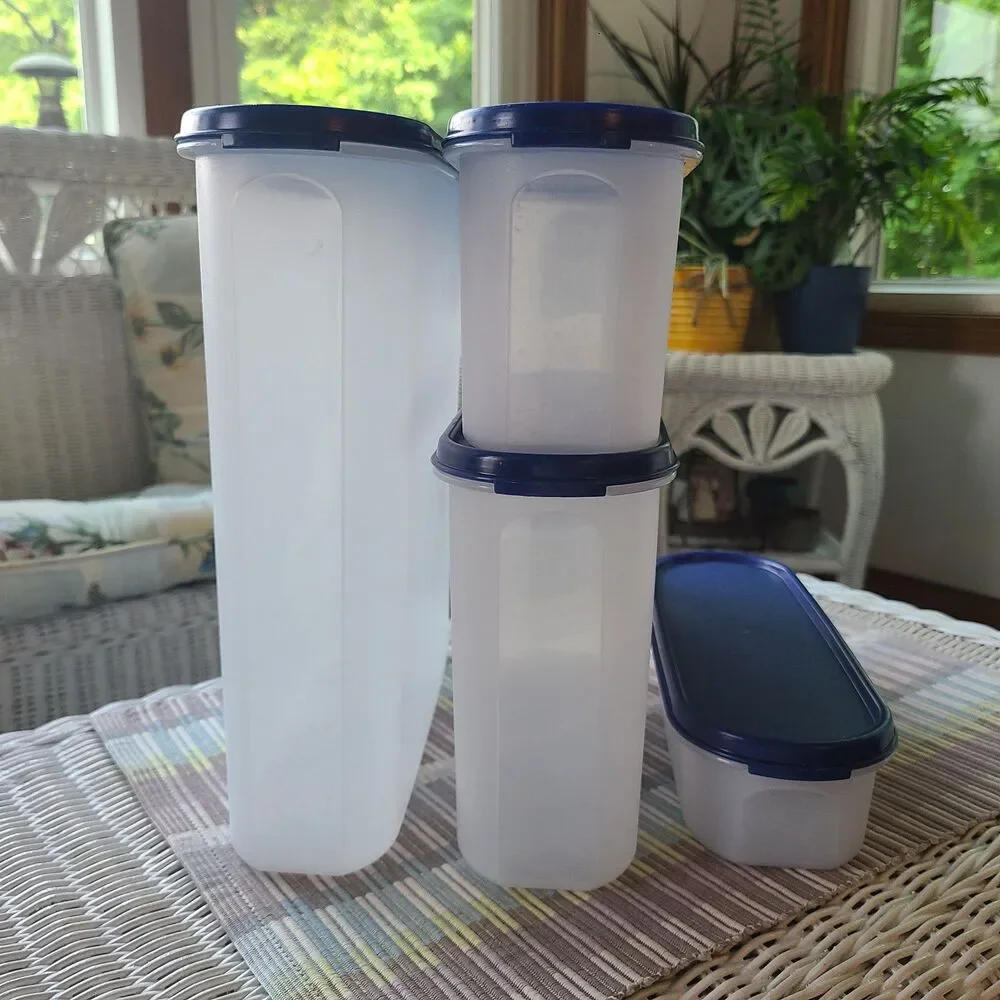 Vintage Tupperware Modular Mates Super Oval Pantry Set Four Piece Set Blue Lids